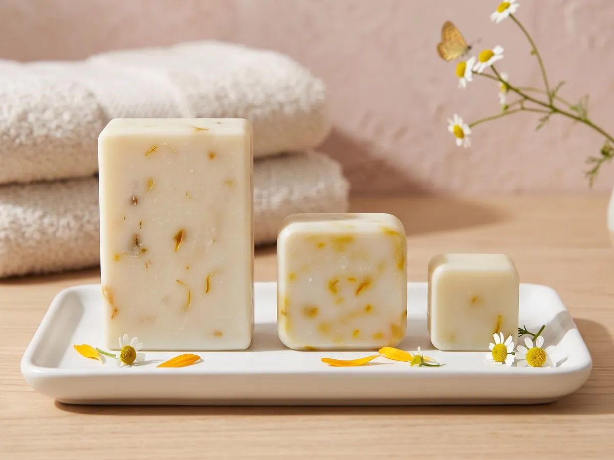 Serene soap in all three sizes on a white tray: full bar, gift bar and sample